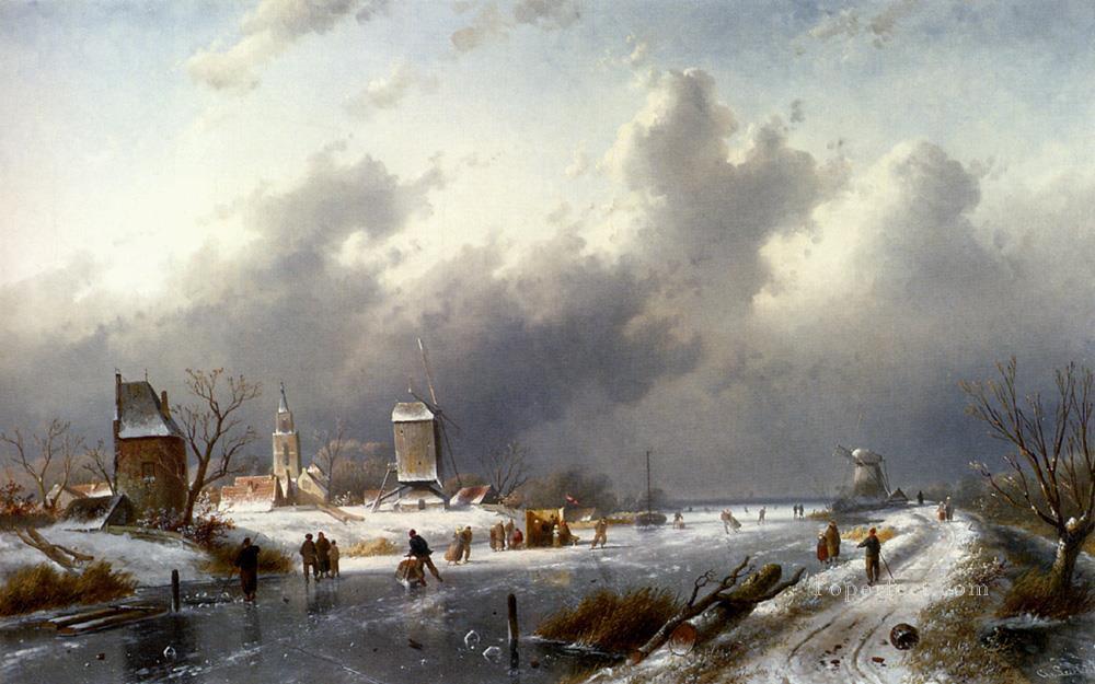 Un paisaje invernal helado con patinadores paisaje Charles Leickert Pintura al óleo